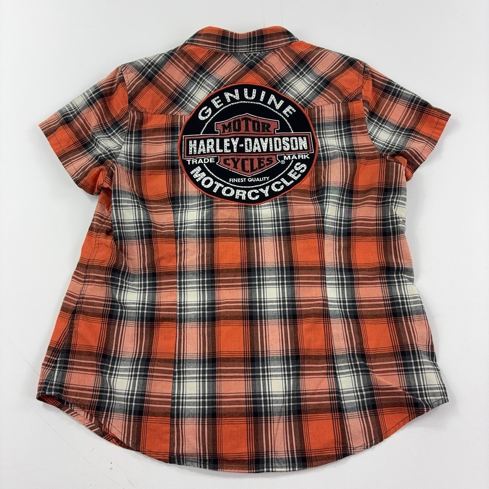 Harley-Davidson Shirt Womens L Orange Plaid Short Sleeve Flannel Button-Up Biker